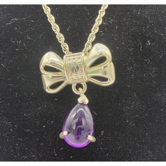 Silver Tone Bow with Rhinestone and Purple Stone on‎ Chain Necklace - Picture 3 of 4